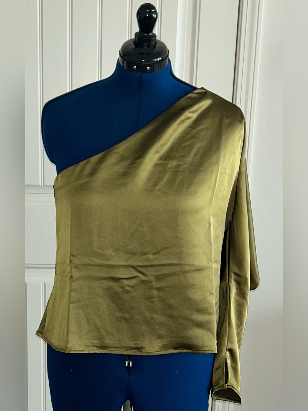 White House Black Market One-Shoulder Olive Green Satin Women's Dress Top
